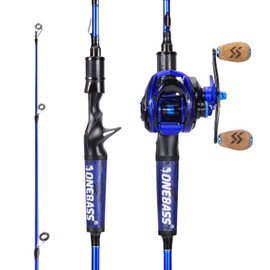 One Bass Fishing Rod and Reel Combo, IM7 Graphite 2 Pc Blank Baitcasting Combo, Spinning Rod with SuperPolymer Handle- 6' Casting Combo with Right Handed Reel- Blue