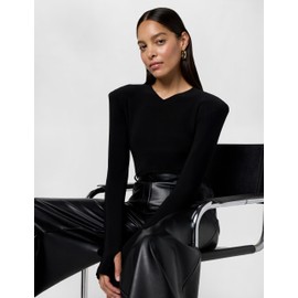 Long Sleeve Shoulder PAD V Neck TOP, Black, M