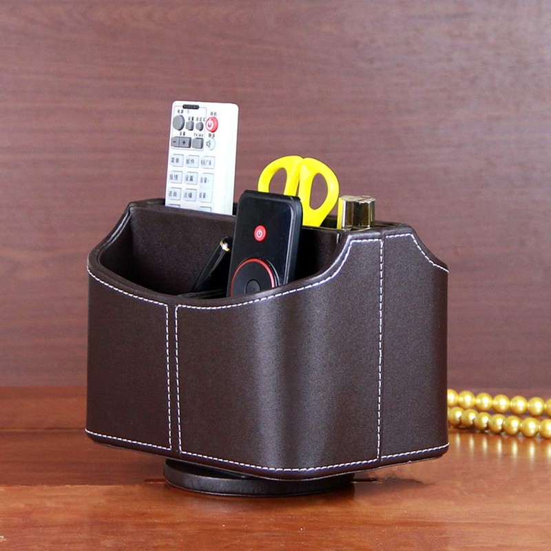 PU Leather Remote Control Holder 360 Degree Spinning Desk Organizer