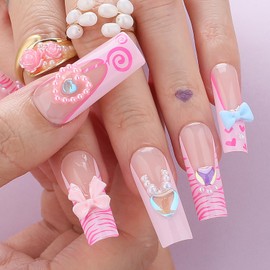 MqpQ Handmade Square Cute Nails With Bow Knot Heart-shaped Pearls Sweet Press Ons Lovefull Lollipop Fake Nails Long Pink French False Nails for Women And Girls