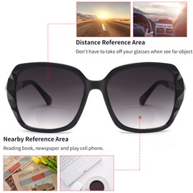 JM Bifocal Reading Sunglasses for Women Fashion Oversized Square Sun Readers Outdoor Reading Glasses UV400 Protection Black +1.0