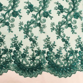 Melody Hunter Green Polyester Floral Embroidery with Sequins on Mesh Lace Fabric by The Yard for Gown, Wedding, Bridesmaid, Prom - 10002