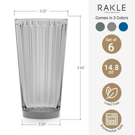 RAKLE Highball Glasses Set of 6 – 14.8oz Tall Drinking Glasses – Premium Glassware Set for Mixed Drinks, Cocktails, Water, Juice, Smoothie – No-Lead Dishwasher Safe Colored Glasses