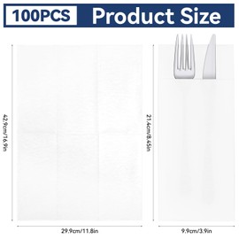 100 Pcs White Paper Napkins with Built-in Flatware Pocket Prefolded Cloth Like Paper Napkins Disposable Guest Hand Towels Wedding Party Linen Feel White Napkin for Dinner, Party, Wedding or Events