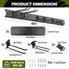 MAXTBEE Garden Tools Organizer Garage Storage Wall Mount,48 Inches Rails Adjustable 7pcs Metal Hooks,Yard Storage Rack Heavy Duty-600lbs Capacity for Hanging Garage Tools Garden Snowboard Mop Storage