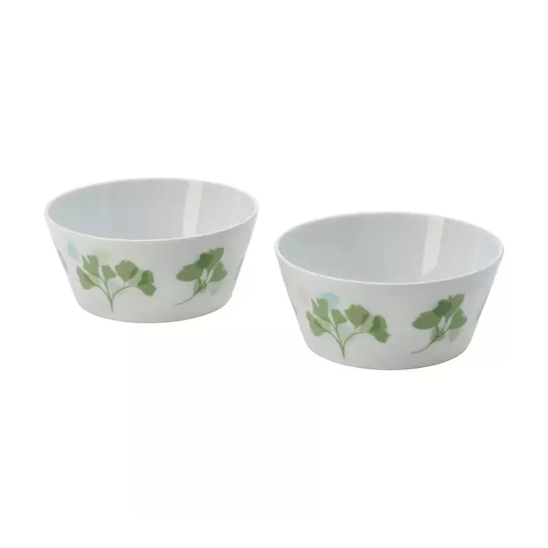 IKEA Stilenlig Set/2 Bowls White w/ Green Leaf Pattern Feldspar