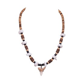 BlueRica Shark Tooth on Tiger Brown Coconut & Puka Chip Shell Beads Necklace (18" 3L)