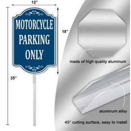 Motorcycle Parking Only Sign 18" x 12" With 35" Long Metal Road Traffic Safety Stake With Stand Aluminum Outdoor Use Yard Business Garage Home