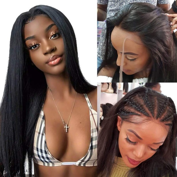 QTHAIR 4x4 Lace Front Wigs Straight Hair Brazilian Virgin Human Hair Lace Closure Wigs For Black Women 150% Density Pre Plucked With Elastic Bands Natural Color (24 inch, Straight wig)