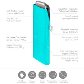 Doppler Carbon Steel Slim Plain Pocket Umbrella - Handy Format - Feather-Light - 22 cm, Aqua blue - UV protection