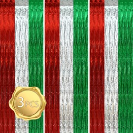 BEISHIDA 3Pcs Red Silver Green Door Streamer Christmas Day Backdrop Foil Fringe Tinsel Merry Christmas Curtains Backdrops for Christmas Day Party Decoration (3.28 ft x 6.56 ft)