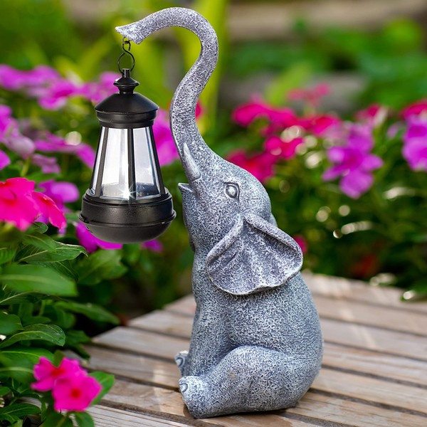 Goodeco Elephant Statue with Solar Lantern - Elephant Decor with Solar Powered LED Light, Garden Decor Made Easy, Good Luck Elephant Gifts for Women, Mom Gifts (Elephant)