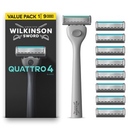Wilkinson Sword Quattro, rasoio da uomo, formato convenienza, 4 lame rivestite in diamante, manico + 9 ricariche