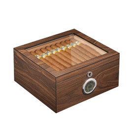 Flauno Cigar Humidor, Cedar Wood Desktop Humidor with Lock, Accurate Digital Hygrometer, Glass Top Humidor Cigar Box with Tray, Humidifier, Divider, Holds 40-60 Cigars, Gift for Cigar Lovers