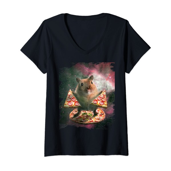 Womens Fun space hamster with pizza V-Neck T-Shirt