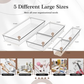 Criusia 11 PCS Clear Plastic Drawer Organizer Set - 5 Large Size Versatile Kitchen and Bathroom Organizer Trays, Non-Slip Storage Bins for Makeup, Utensils, Tool and Office Desk