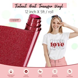 Tintnut Red Glitter HTV Vinyl Roll -12"x5ft Red Glitter Heat Transfer Vinyl Shinny Glitter Iron On Vinyl For T-Shirts Glitter HTV Compatible With Cricut Or Sillhoutte Cameo