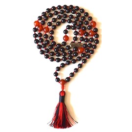 Hand Knotted Black Tourmaline & Carnelian Mala Beads Necklace - Birthstone for Leo, Root and Sacral Chakra
