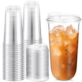 Baderke Clear Plastic Cups with Strawless Sip Lids Disposable Round Bottom Togo Cups for Coffee Smoothie Cold Beverage Coffee Shops and Party Catering (20 oz,50 Pcs)
