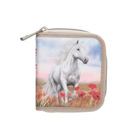 Depesche 13344 Miss Melody Poppy Sand - Wallet in Beige and Blue with Horse Motif and Poppies - Purse with Press Stud
