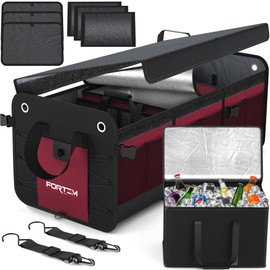 FORTEM SUV Trunk Organizer with Cooler, Car Organizer, Collapsible Multi-Compartment Storage Bag for Car Accessories for Women, Non Slip Bottom, Adjustable Straps, Soft Cover 90L (Extra Large, Red)