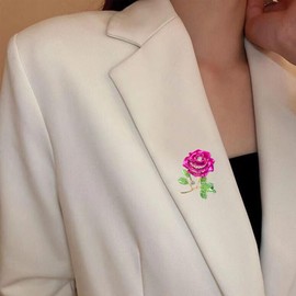 Peasimy Vintage Rose Flower Brooch with Rhinestones Sparkling Crystal Floral Pin for Women Bridal Party Jewelry (Hot Pink)