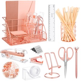 Rose Gold Office Supplies and Accessories, Rose Gold Mesh Desk Organizers with Tape Holder, Tape, Stapler, Staple Remover, 1000pcs Staples, Pen, Pen Holder, Ruler, Phone Holder, Clips, Scissor