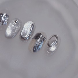 Chrome Object Handmade Nail Tip Silver Nail - Almond Short / 크롬오브제 수제네일팁 실버네일 - 아몬드숏