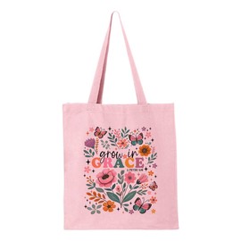 TeesAndTankYou Grow in Grace Canvas Tote Bag Reusable Grocery Bag for Shopping and Travel (Pink)