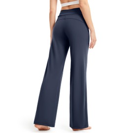 AFITNE Wide Leg Pants for Women Yoga Dress Pants with Pockets, High Waist Stretch Loose Casual Lounge Work Sweatpants Navy Blue M 28"