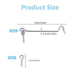 Nazeauf Stainless Steel Gate Hook Lock - 10In Hook and Eye Latch, 5pcs, Modern Style, Wall Mount, Door, Gate, Window, Home, Office, Supermarket, Factory