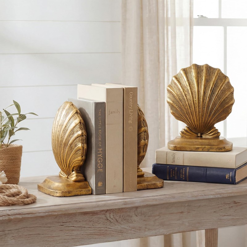 MXARLTR Decorative Shell Bookends, Coastal Nautical Book Ends for Shelves