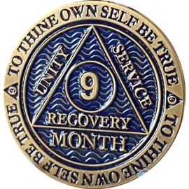 9 Month AA Medallion Antique Bronze Dusty Blue Color Sobriety Chip