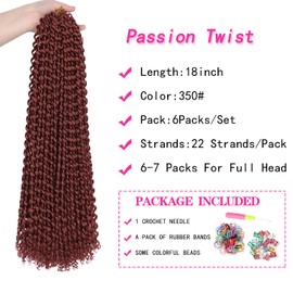 Ubeleco 18 Inch Passion Twist Hair, Water Wave Crochet Hair Passion Twist Crochet Hair for Women 6 Packs Copper Red Long Bohemian Synthetic Curly Braiding Hair Extensions(6pcs,#350)