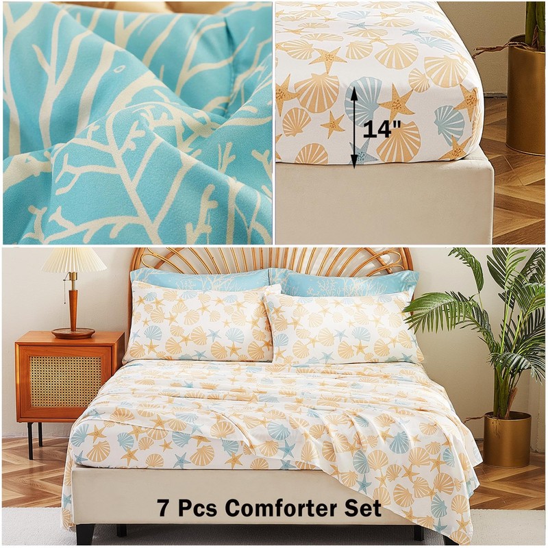 Cmfshape Blue Coastal Queen Size Comforter Set 7 Pieces,Starfish Printed