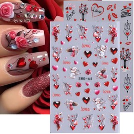 Valentines Nail Art Stickers Love Heart Angel Red Lips Rose Nail Art Stickers Valentine's Day Heart Nail Stickers for Nail Art Kit DIY Self-Adhesive Nail Decals Design Hearts Nail Supplies for Women