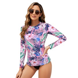 Tanst Sky Swimming Tops for Women, Women's UV Shirts Quarter Zip Long Sleeve Crewneck UPF 50+ Sun Protection Rash Guard Ladies Quick Dry Summer Femme Athletic Swimwear Floral Pink Large
