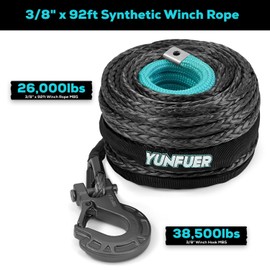 YUNFUER 3/8" x 92ft Synthetic Winch Rope Cable Kit, 26000LBS Winch Rope with Protective Sleeve + Forged Winch Hook and Safety Pull Strap for SUV (Gray)
