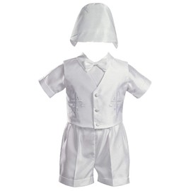 White Embroidered Shantung Chistening Baptism Vest and Short Set with Bowtie and Hat - L (9-12 Month)