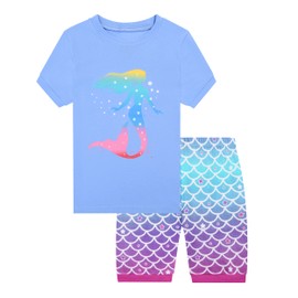 Benaive Girls Pajamas Sets 4 Pieces 100% Cotton Summer Pjs Short Sleeves Kids Sleepwear Size 7