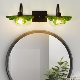 eccuslon 25in Vintage Bathroom Vanity Light Fixtures, 2-Lgitht Vanity Light Over Mirror with Green Flower Glass Shade, Black Mid Century Medieval Wall Sconce Lamp for Bathroom, Living Room, Bedroom
