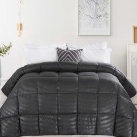 Superior Microfiber Basketweave Comforter, Down Alternative Bedding, Medium Weight, Fluffy, Decorative, Plush Duvet Insert, Oversized Blanket, Box Quilt Design, Monochrome, King, Charcoal