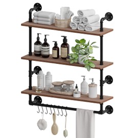 ROGMARS Industrial Pipe Shelving Bathroom Shelves with Towel bar, 24 in Rustic Floating Shelves Pipe Wall Shelf,3 Tier Wall Mounted Shelves with Hook