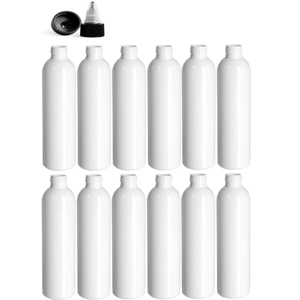 4 Ounce Cosmo Round Bottles, PET Plastic Empty Refillable BPA-Free, with Black/Natural Twist Top Caps (Pack of 12) (White)