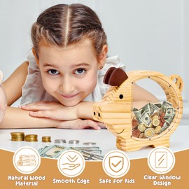 Wooden Piggy Bank for Kids, Unbreakable Clear Wood Money Bank for Boy Girls, Cute Piggy Bank Money Box Money Saving Box for Cash, Money Saving Gift for Birthday, Christmas, Baby Shower