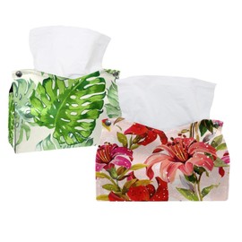 2 Pack Tissue Box Cover Holder, Greenish Lily Flower Rectangle Leather Tissue Case, Decorative Organizer for Tabletop, Bathroom, Car, Office