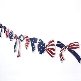 4th of July Bow Banner, Patriotic American Flag Garland, 11 Stars Stripes Flag Bow Paper Cutouts, Navy Blue Red Bow Bunting for American Independence Day, Memorial Day