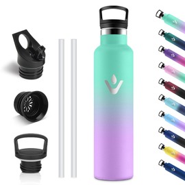 Vikastar Stainless Steel Drinking Bottle, Thermos Flask, 1 Litre, BPA-Free Drinking Bottle, Thermos Bottle with Straw, Drinking Bottle for School, Sports, Bike, Camping, Sea Green & Light Purple