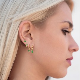 4 Pairs Gold Hoop Earrings Set: 14K Gold Plated Small Huggie Hoop Earrings for Women Dainty Marquise Stud Hypoallergenic Dangle Cartilage Birthstone Earring Stacks for 4 Piercings, May Emerald Green