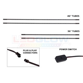 LEDGlow 4pc White Slimline LED Underbody Underglow Accent Neon Lighting Kit for Cars - Solid Color Illumination - Water Resistant, Low Profile Tubes - Included Power Switch Turns Lights On & Off